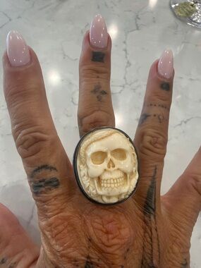 Carved Skull Statement Ring in Ivory Tone